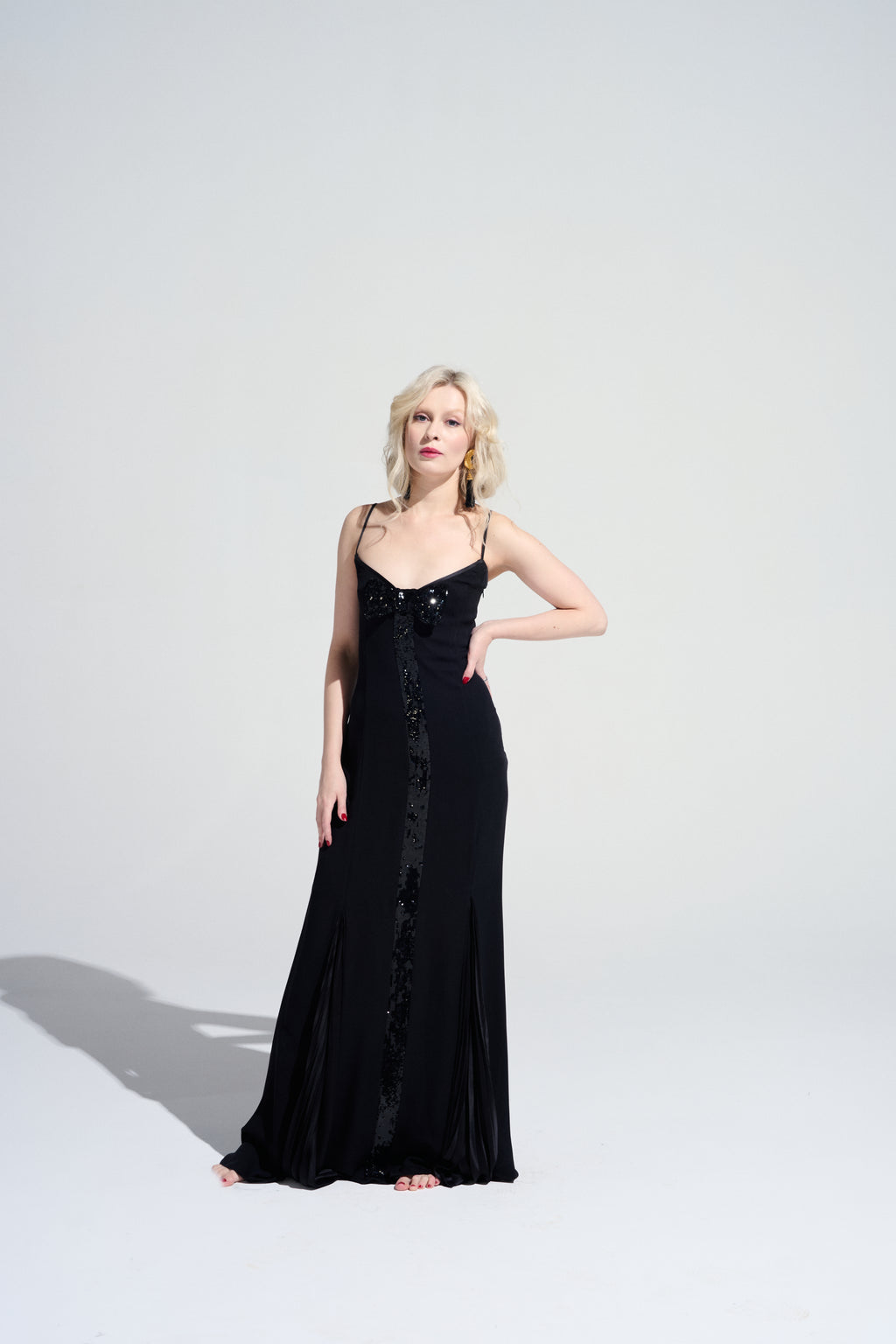 90s Diva Vintage Escada Long Silk Dress with Big Sequin Bow