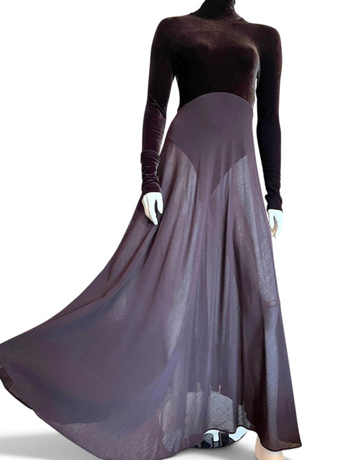 A long sleeve velvet and jersey semi-sheer Donna Karan 1993 Runway Purple Maxi Dress